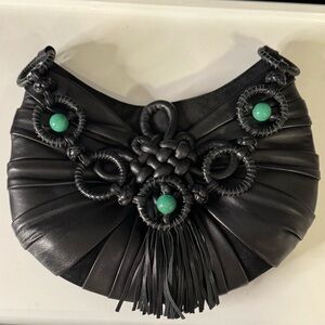 Shanghai Tang vintage Black Leather and Jade Handbag